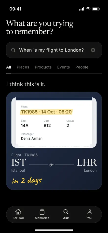 Keppzy Ask screen: answering “When is my flight to London?”