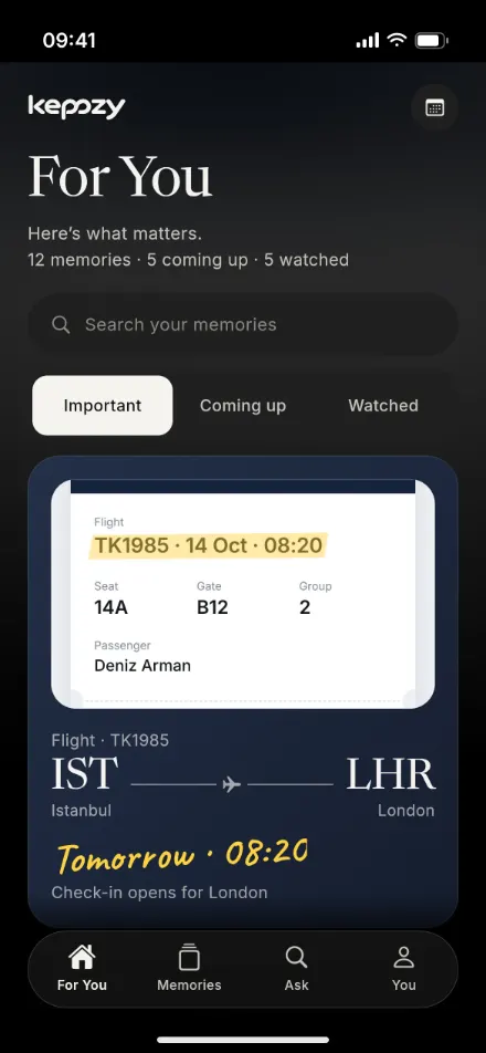 Keppzy For You screen: a flight card read from a screenshot