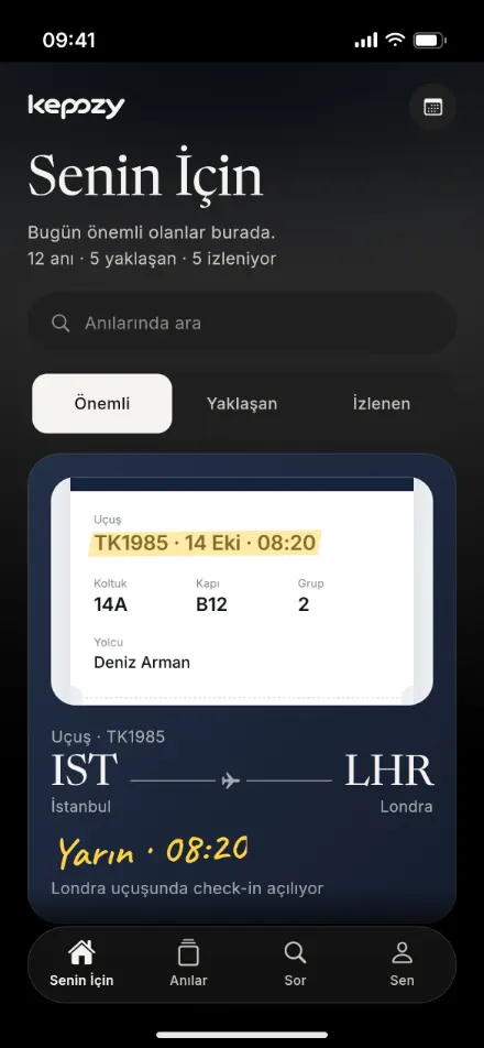 Keppzy Senin İçin ekranı: ekran görüntüsünden okunan uçuş kartı